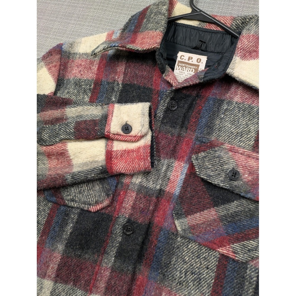 Vintage Montgomery Ward CPO Jacket Mens Small Wool Plaid Flannel Lined 70s